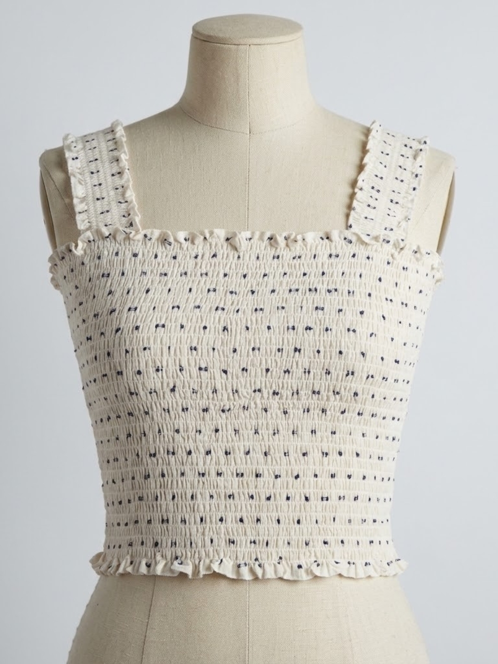 Smocked Cream Cropped Tank Top with Navy Dot Detail